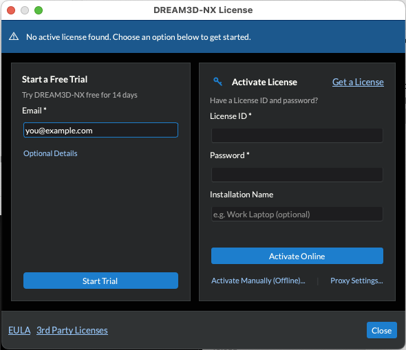 License Dialog Free Trial Page